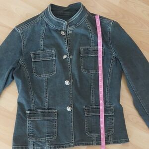 Tahari Blue Jean Jacket with Stand-Up Collar and Contrast Stitching